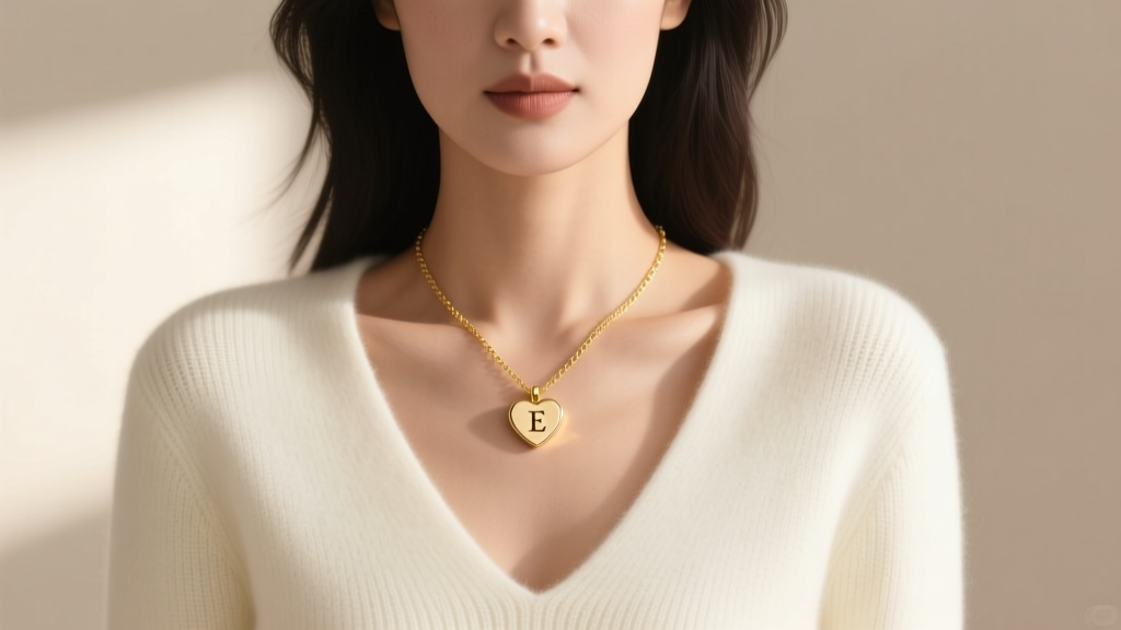 Woman wearing a delicate 1.2mm gold box chain with a heart initial locket, paired with a deep V-neck cashmere sweater.