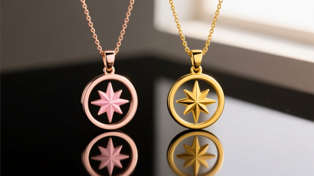 Side-by-side comparison of 14k rose gold and 18k yellow gold north star pendants, showing color differences under warm studio lighting