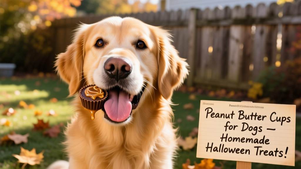 Happy golden retriever holding a single peanut butter cup treat in its mouth, looking joyful and engaged