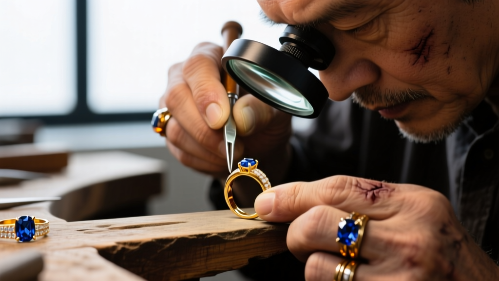 Macro shot of a jeweler's loupe examining the 925 hallmark stamped on the jump ring of a brass and silver vintage sun pendant