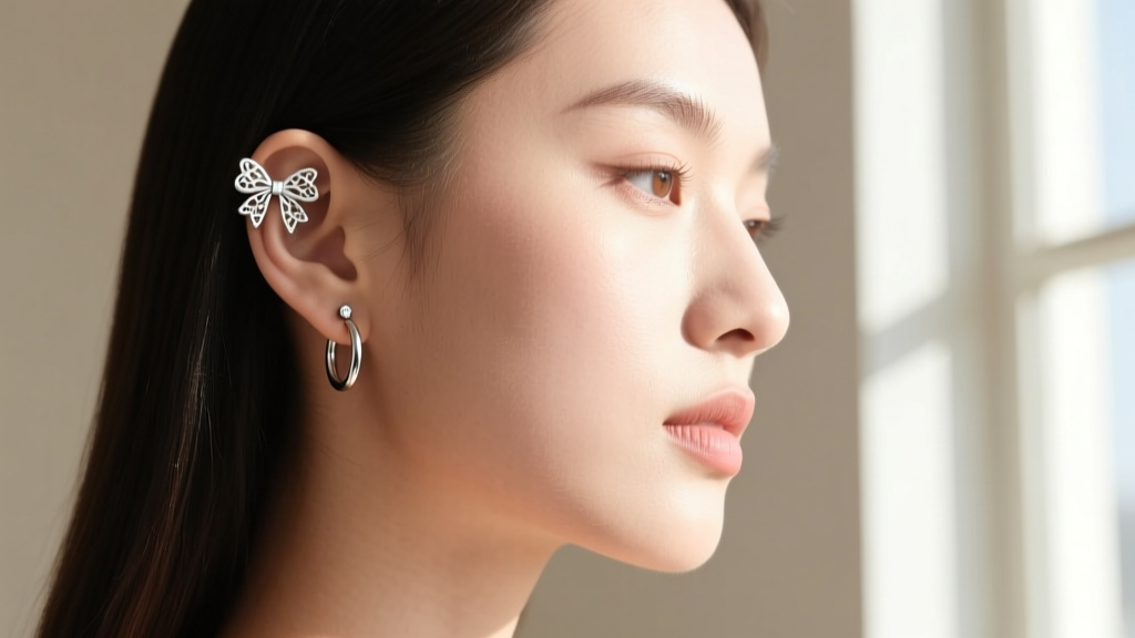 Side profile of a model wearing an 18-gauge silver bow stud on the upper helix cartilage, paired with a simple lobe hoop earring