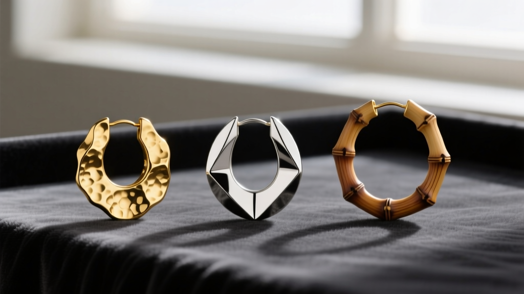 Flat lay of three retro hoop earrings: 70s hammered gold, 80s polished silver, and 90s bamboo styles resting on dark velvet