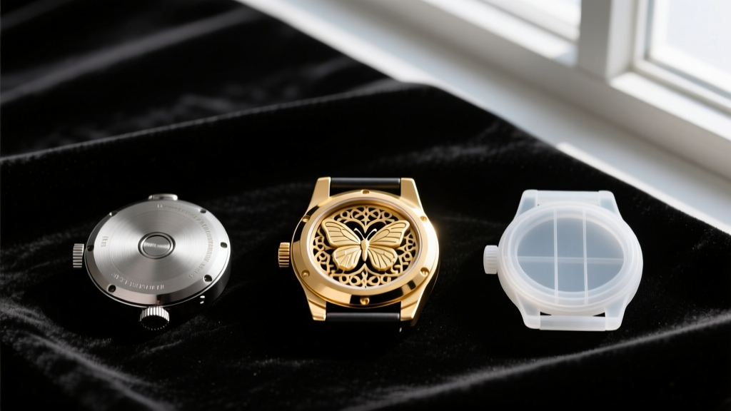 Flat lay comparing a gold metal butterfly back, a clear silicone bullet back, and a steel screw back on dark velvet fabric.