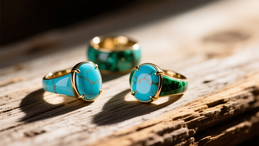 Kingman turquoise rings on rustic wood, highlighting varying shades of sky blue and deep green under warm natural sunlight.
