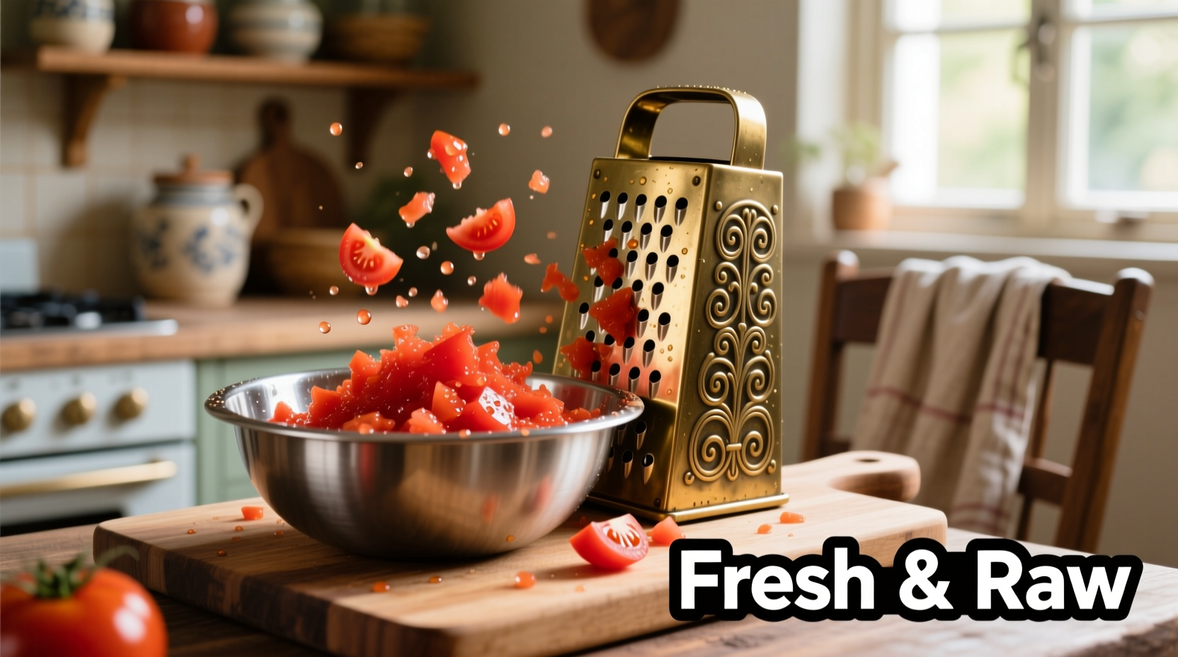 Freshly grated tomatoes in a bowl with grater