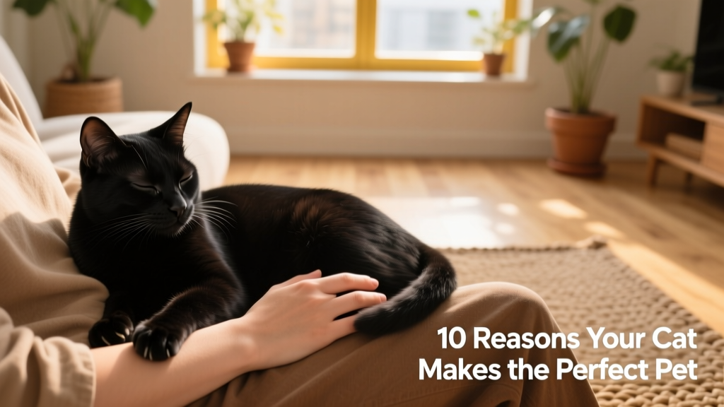 A serene black cat resting gently on a person’s lap, eyes half-closed in contentment
