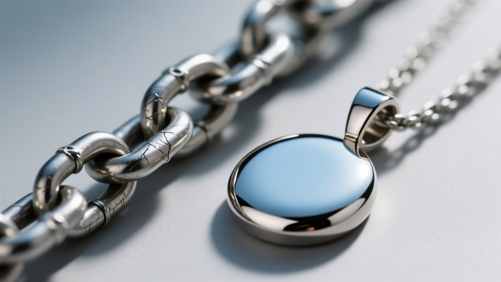 Macro view of a dull 304 steel chain next to a highly reflective 316L surgical steel pendant examined under a jeweler