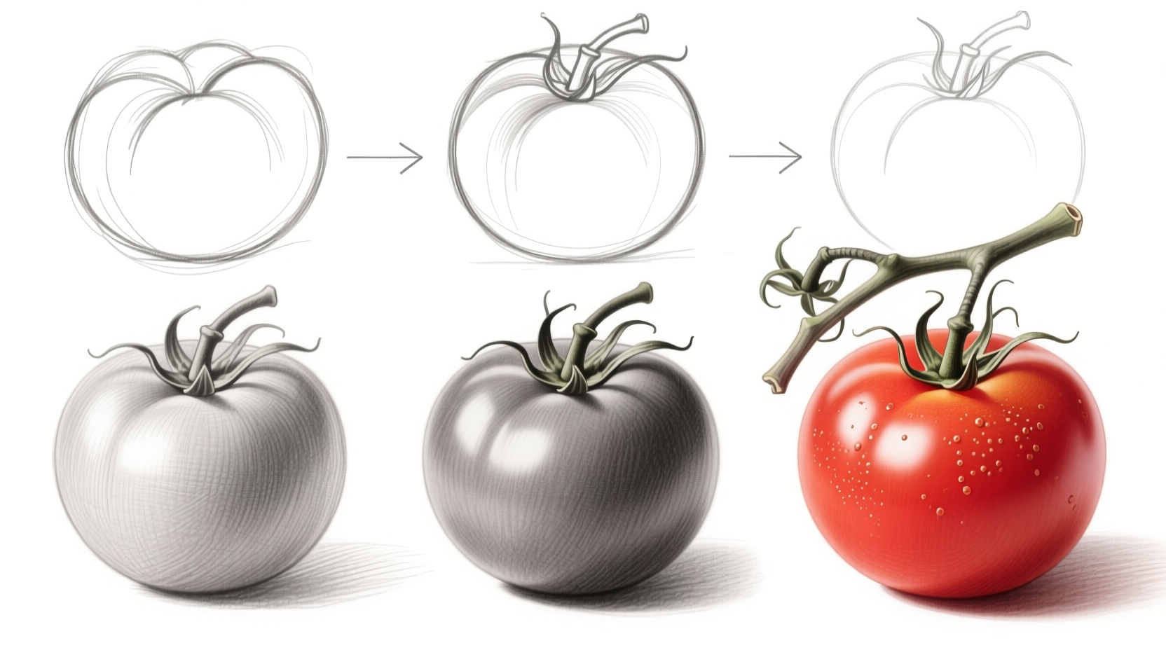 Step-by-step tomato drawing tutorial showing progression from sketch to finished piece