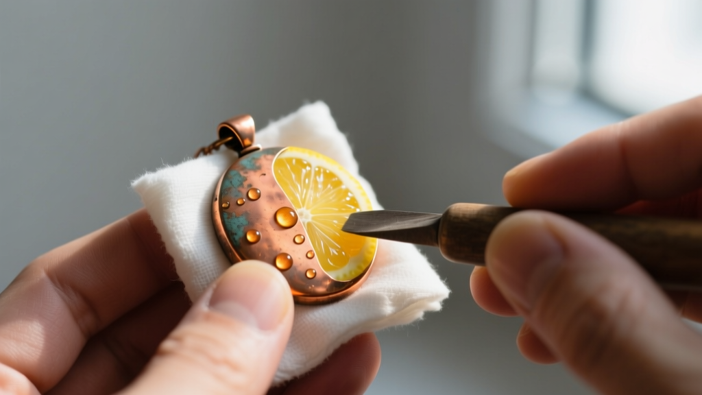 Hands polishing a tarnished copper pendant with a cloth and lemon juice, revealing the bright, shiny orange metal underneath