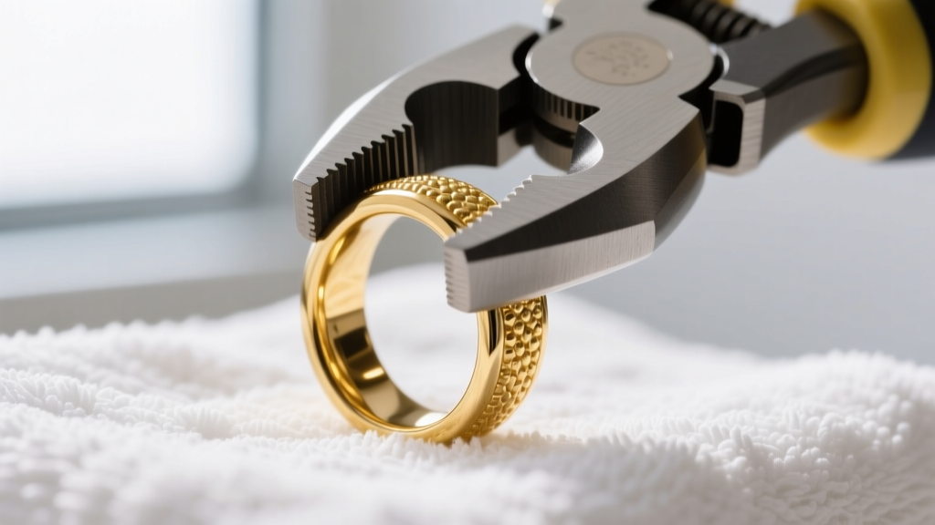 Macro shot of a 16-gauge gold captive bead ring squeezed shut with nylon-jaw ring closing pliers over a clean white towel