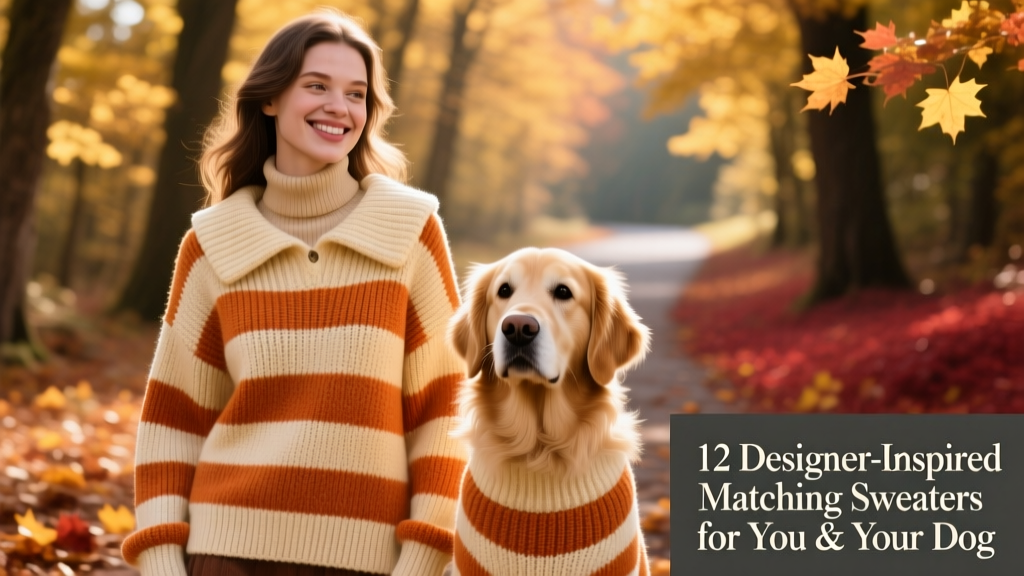 A person and their dog wearing matching amber-striped cardigans, posing together outdoors in autumn light