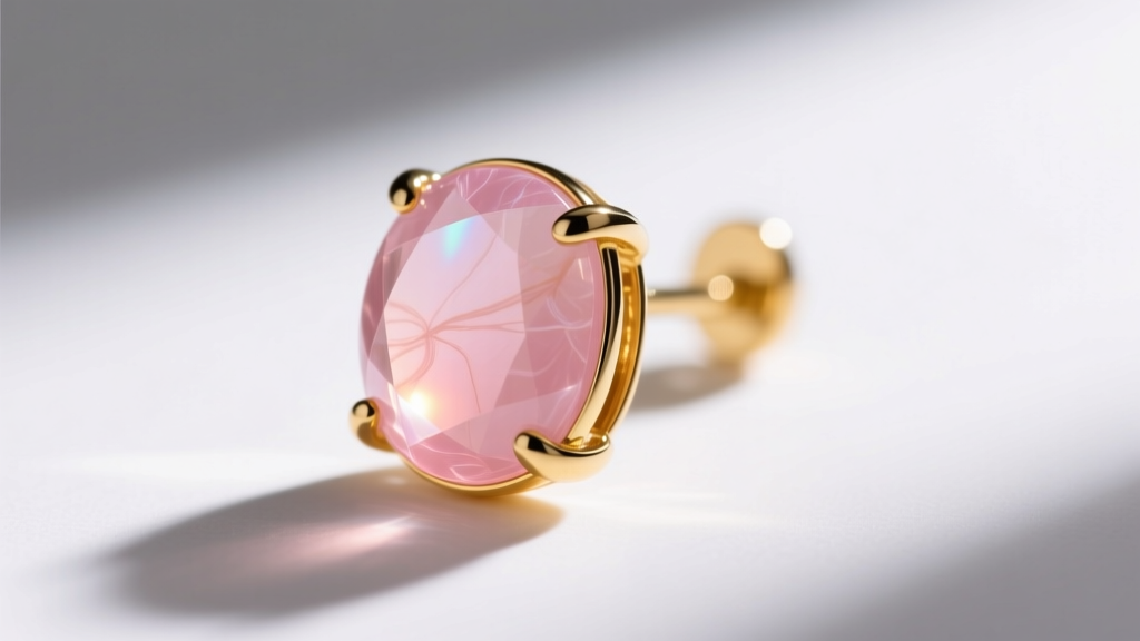 Macro shot of a Pasquale Bruni Bon Ton earring showing bezel-set pink chalcedony and 18k yellow gold prongs against white.