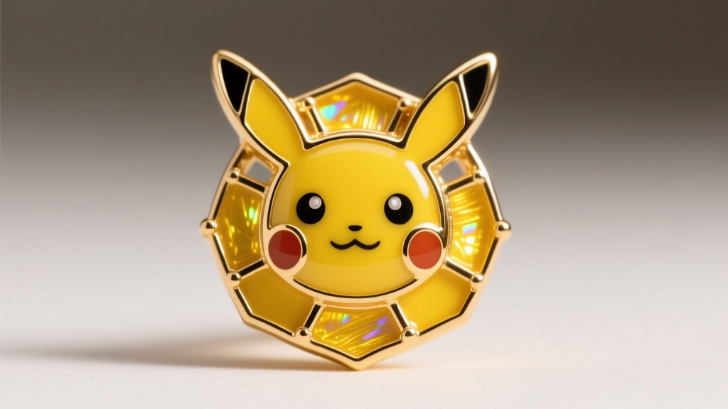 Macro shot of hard cloisonne enamel on a gold-plated Pikachu earring, showing flush metal separators and vibrant yellow resin.