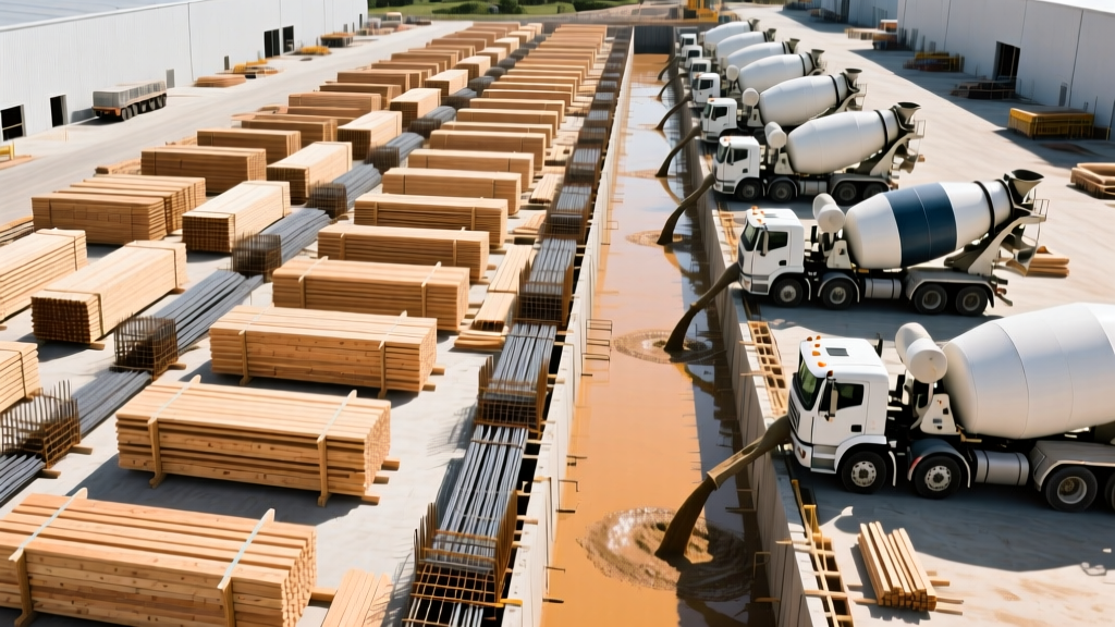 Aerial view of a commercial construction site showing organized stacks of engineered wood beams, rebar, and ready-mix concrete trucks pouring a foundation