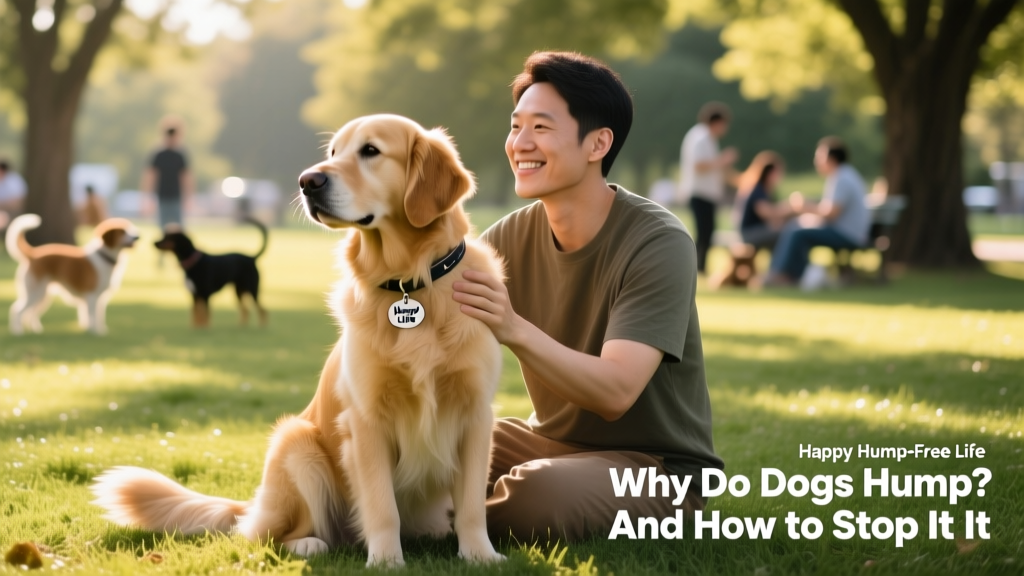 A calm, well-socialized dog sitting peacefully beside its owner on grass at a dog park