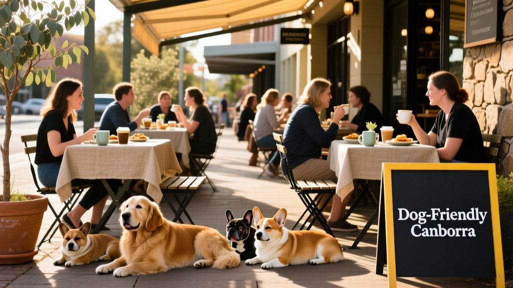 A relaxed outdoor cafe setting with patrons enjoying coffee and light bites while small and medium dogs rest calmly at their feet