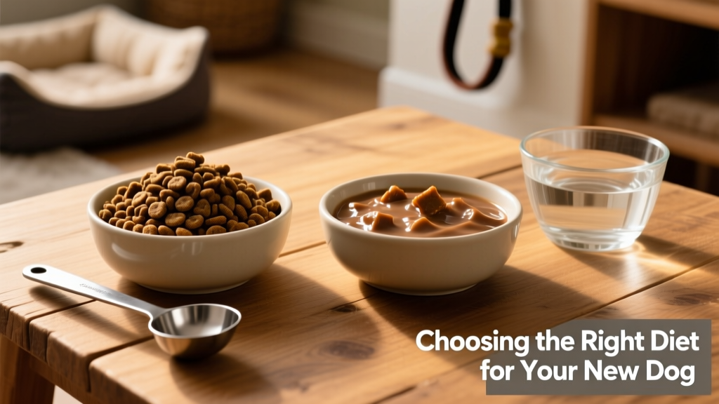 Side-by-side comparison: dry kibble and wet food in matching bowls, with a water bowl and measuring scoop nearby