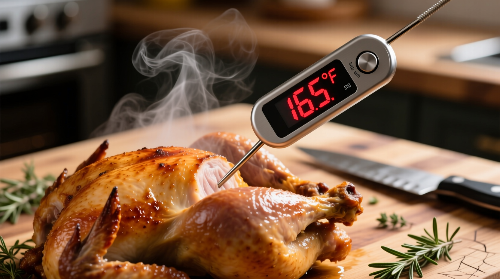 Oven thermometer showing chicken reaching 165 degrees
