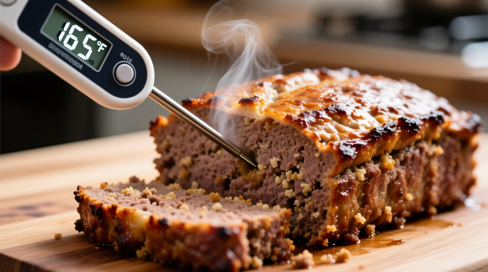 Digital thermometer checking meatloaf internal temperature