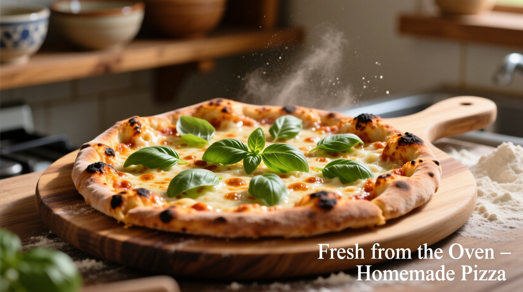 Homemade pizza on wooden peel with fresh basil