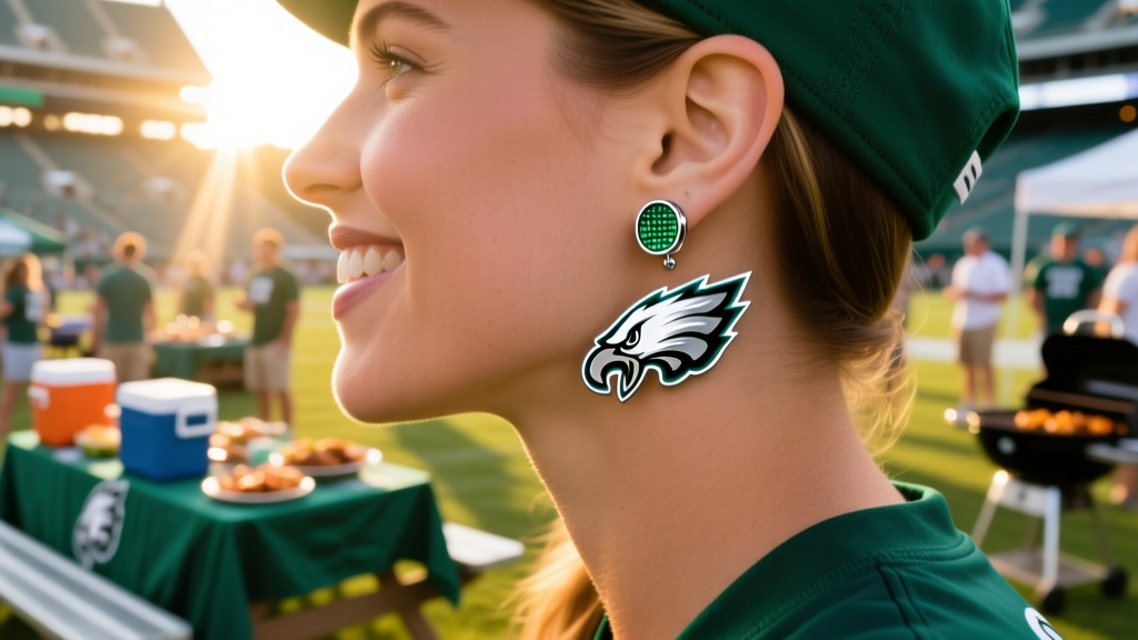Close-up of midnight green and silver Philadelphia Eagles logo stud earrings on a fan at a bright, sunlit stadium tailgate party