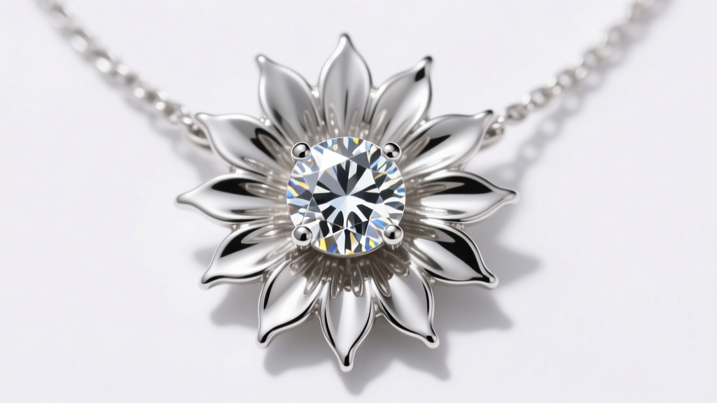 Top-down view of a sterling silver sunflower necklace with a round cubic zirconia center stone sparkling under studio lighting.