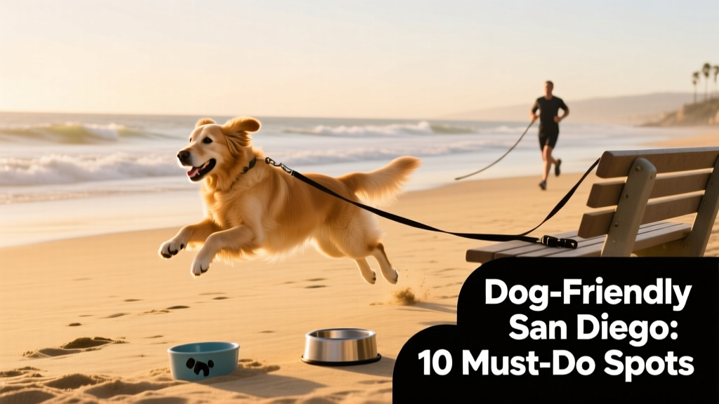 A happy dog playing on Del Mar beach with gentle waves and golden sand
