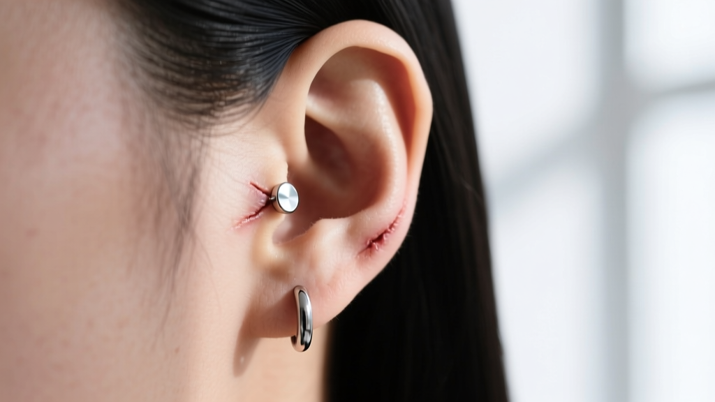 Side profile of a healed cartilage piercing showing an 8mm titanium flat back earring resting flush against the ear skin.