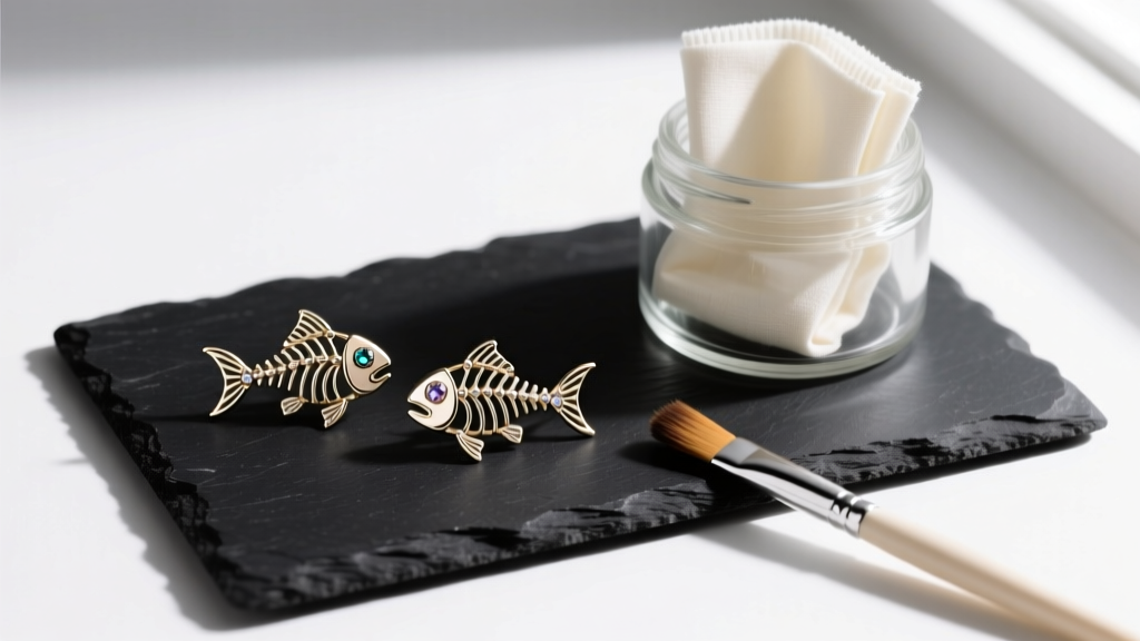 Flat lay of intricate skeleton fish stud earrings resting on black slate next to a glass jar of jewelry polishing cloth and a brush