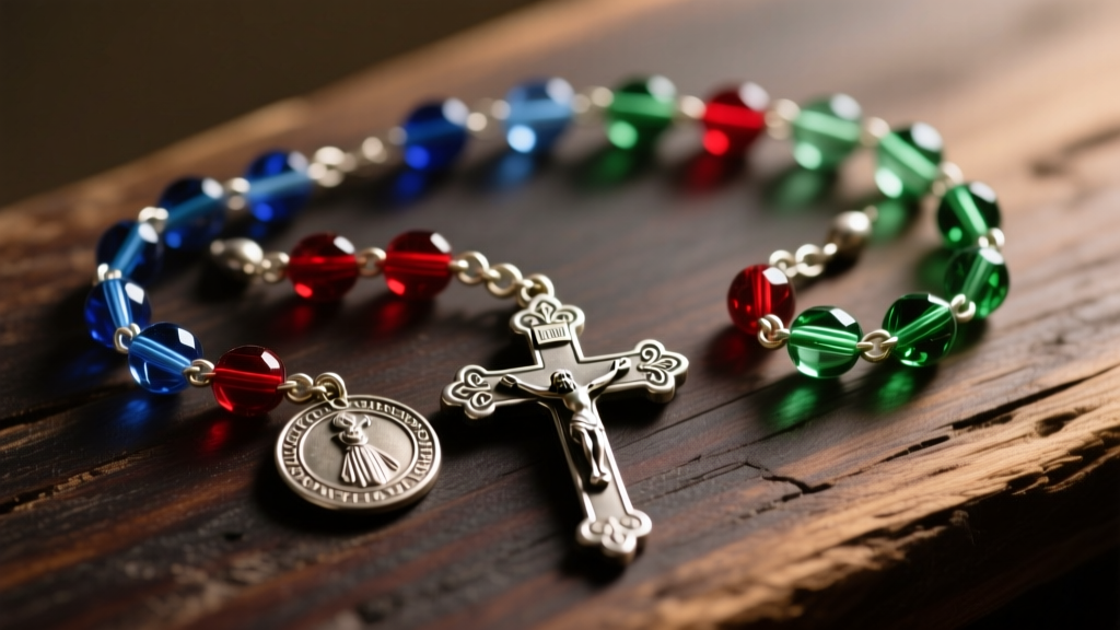 Vintage wire-linked glass bead rosary draped over dark wood, soft lighting highlighting the silver crucifix and center medal.