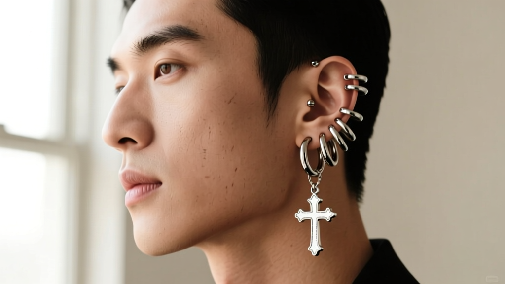Studio portrait of a male model with a multi-piercing ear stack featuring minimalist titanium hoops and a small cross pendant