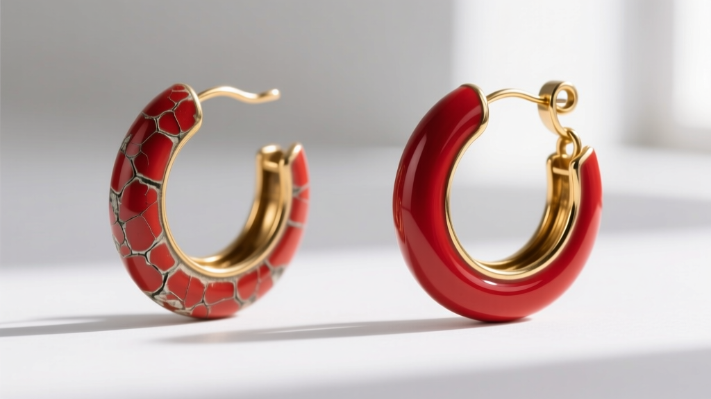 Side-by-side view of a chipped red vitreous enamel gold hoop earring next to a restored one with a vibrant glossy finish