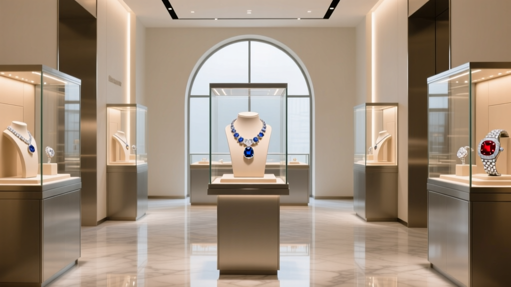 Luxury jewelry boutique interior with glass cases displaying diamond necklaces and luxury watches under warm gallery lighting.