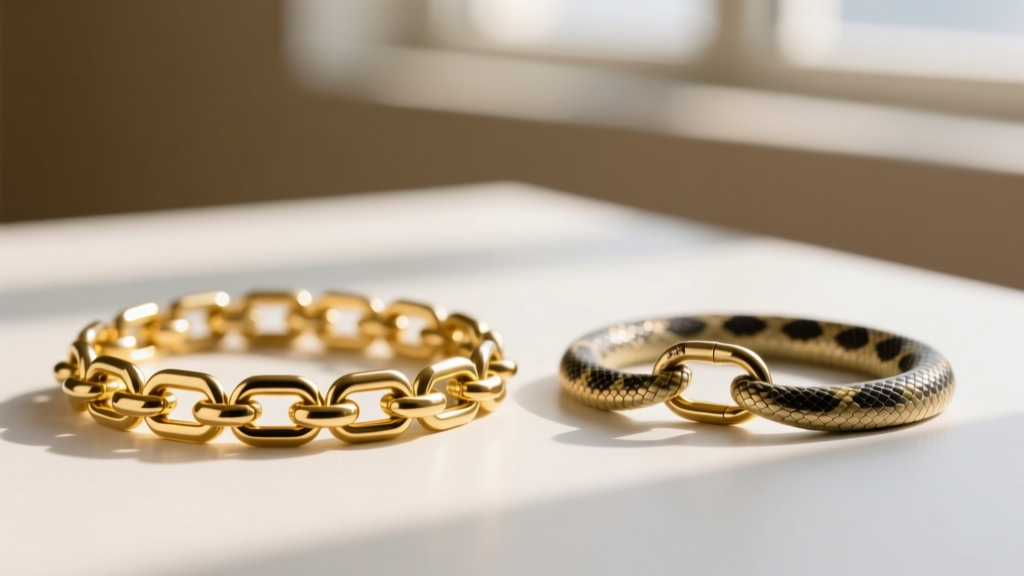 Macro shot comparing a gold box chain and a kinked snake chain, showing structural durability differences for active daily wear