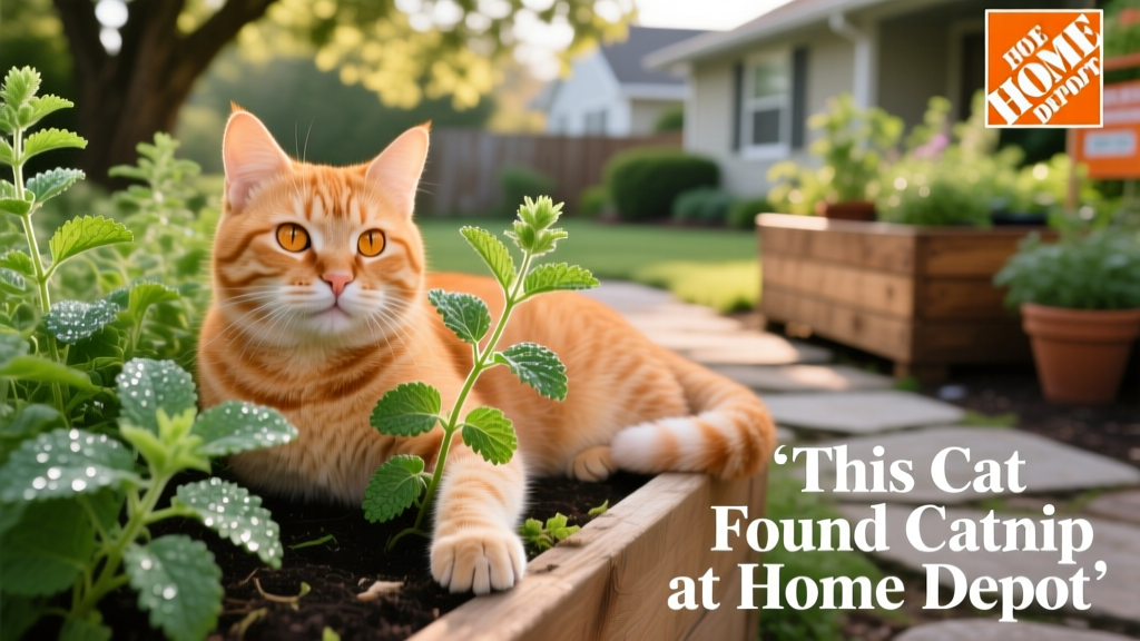 Orange tabby cat lounging contentedly among fresh catnip plants in a garden display