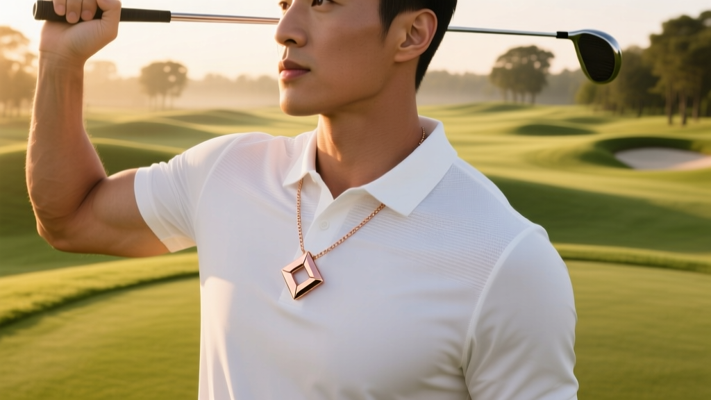 Athletic golfer wearing a rose gold stainless steel Colantotte magnetic necklace over a white performance polo on a sunny course