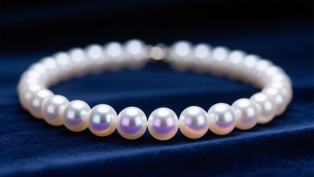 Macro shot of a white Akoya pearl necklace on dark blue velvet, lit by soft gallery lighting to highlight the nacre.