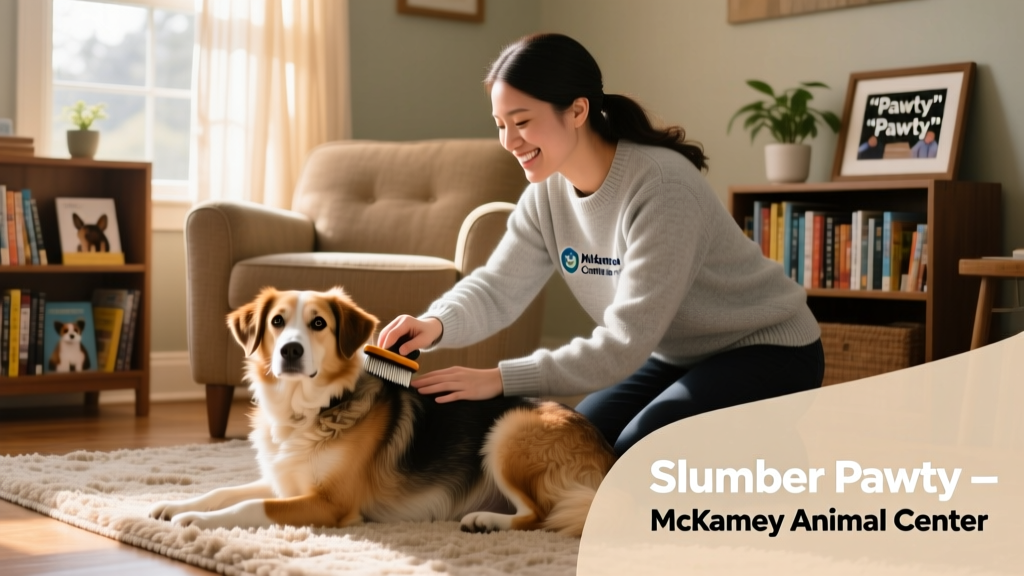 A volunteer gently brushing a calm, attentive dog in a living room setting