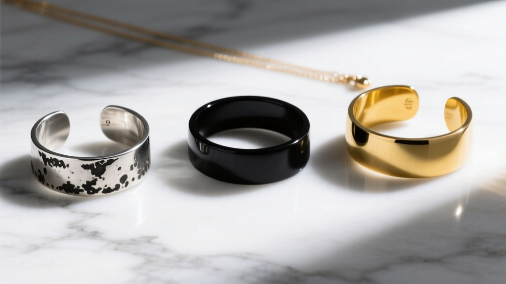 Flat lay of three different necklace cuffs in oxidized sterling silver, matte black resin, and yellow brass on marble