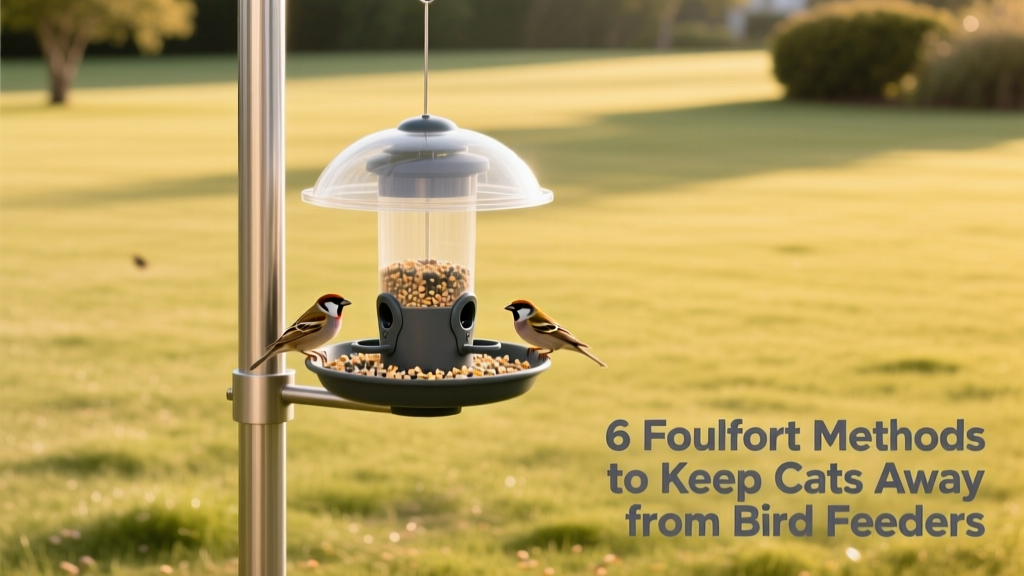 Bird feeder mounted on a smooth metal pole in an open lawn, with no nearby bushes or trees