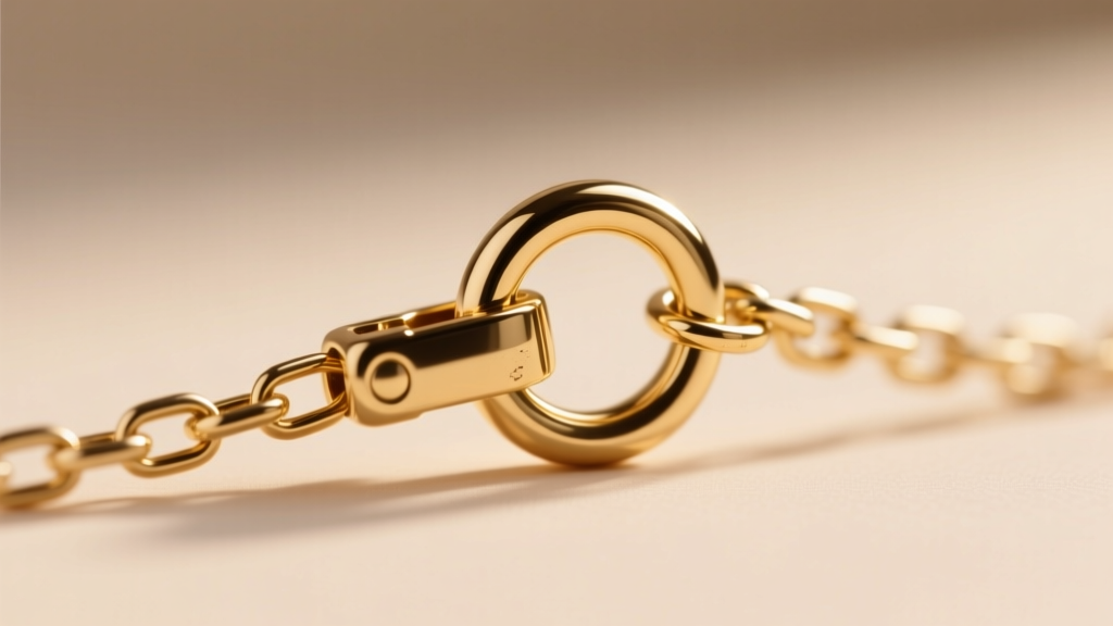 Extreme close-up of a 5mm spring ring clasp on a 0.8mm gold box chain, highlighting the tiny metal lever and soldered jump ring.