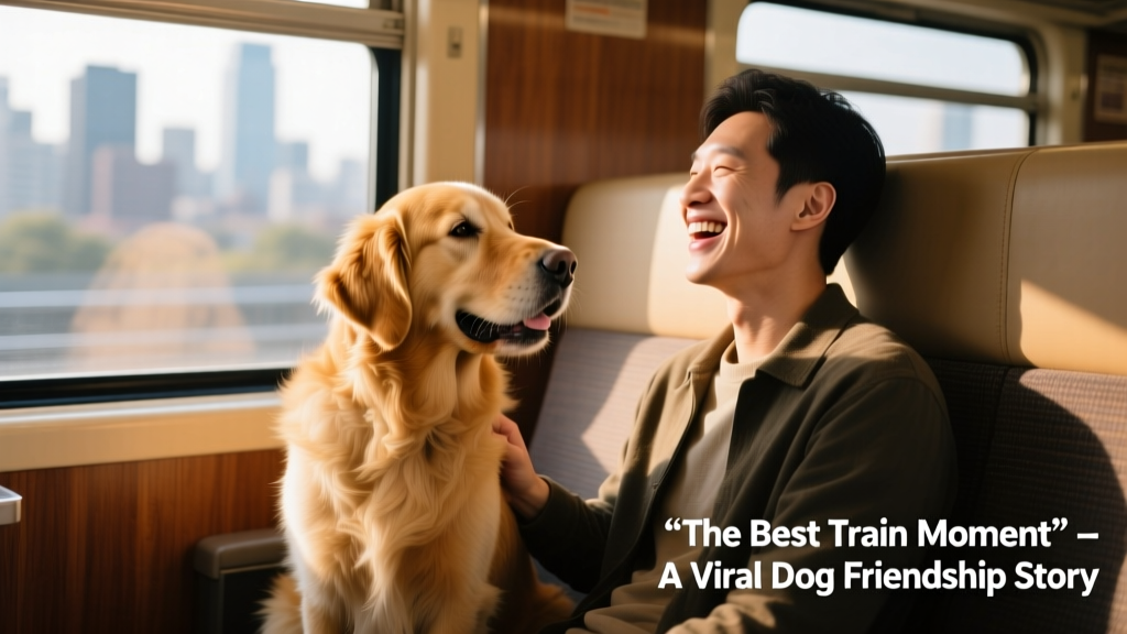 Golden Retriever sitting calmly on a train seat next to a smiling passenger