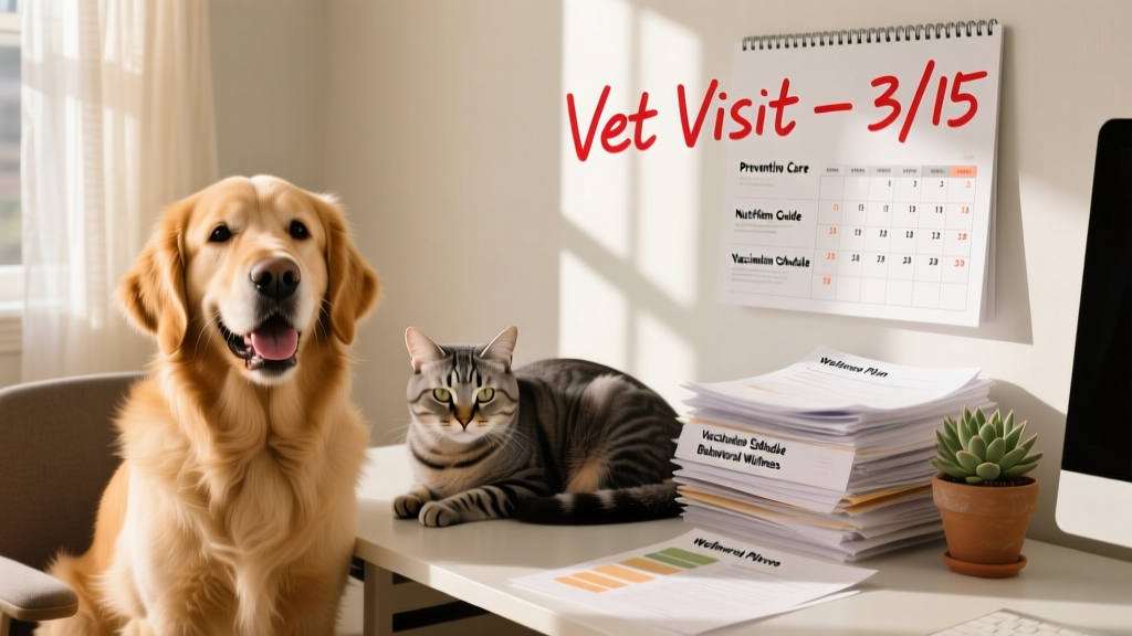 A happy dog and cat resting beside a stack of wellness plan documents and a calendar marked with vet visit reminders