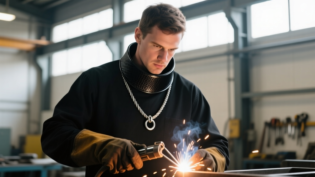 Welder wearing a black Kevlar cord necklace with a magnetic breakaway clasp, secured safely beneath a dark fire-resistant collar.