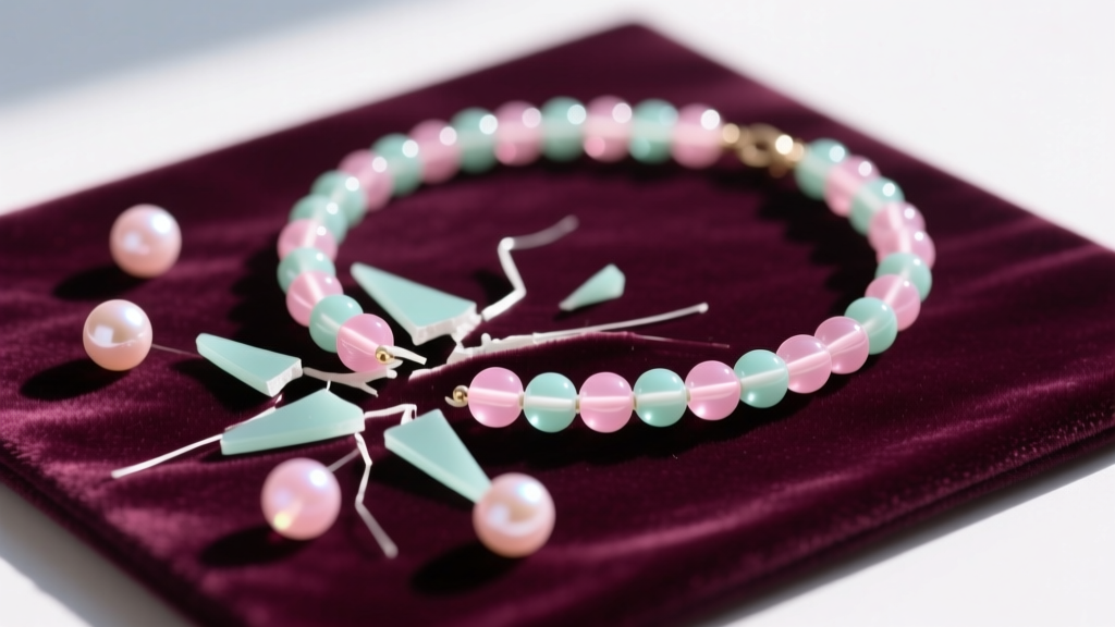 Close-up of a broken pastel beaded necklace with soft pink and mint glass beads scattered on a velvet repair mat under bright light