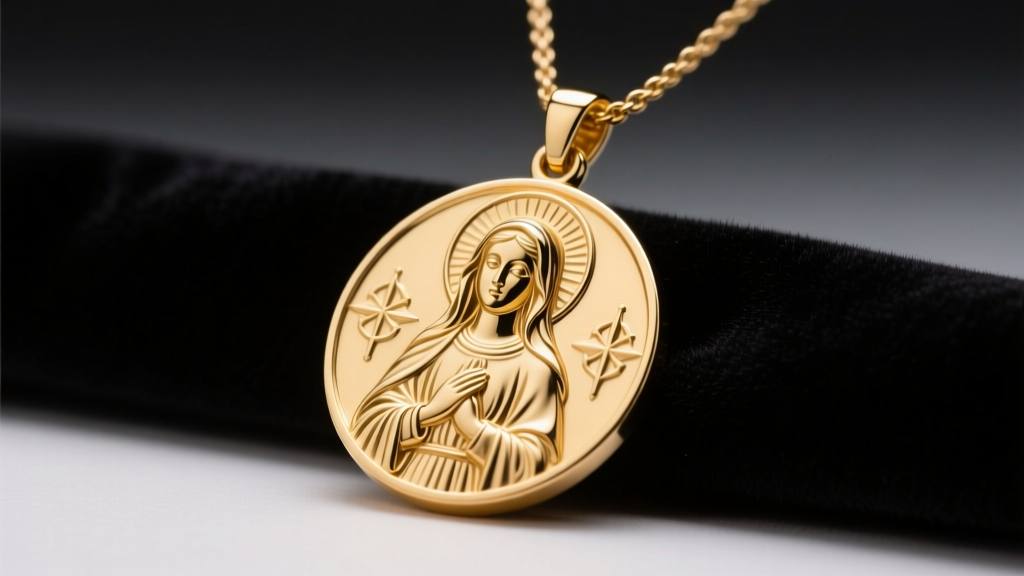Close-up of a 14k solid gold St Anne medallion necklace on dark velvet, highlighting engraved details and soft lighting.