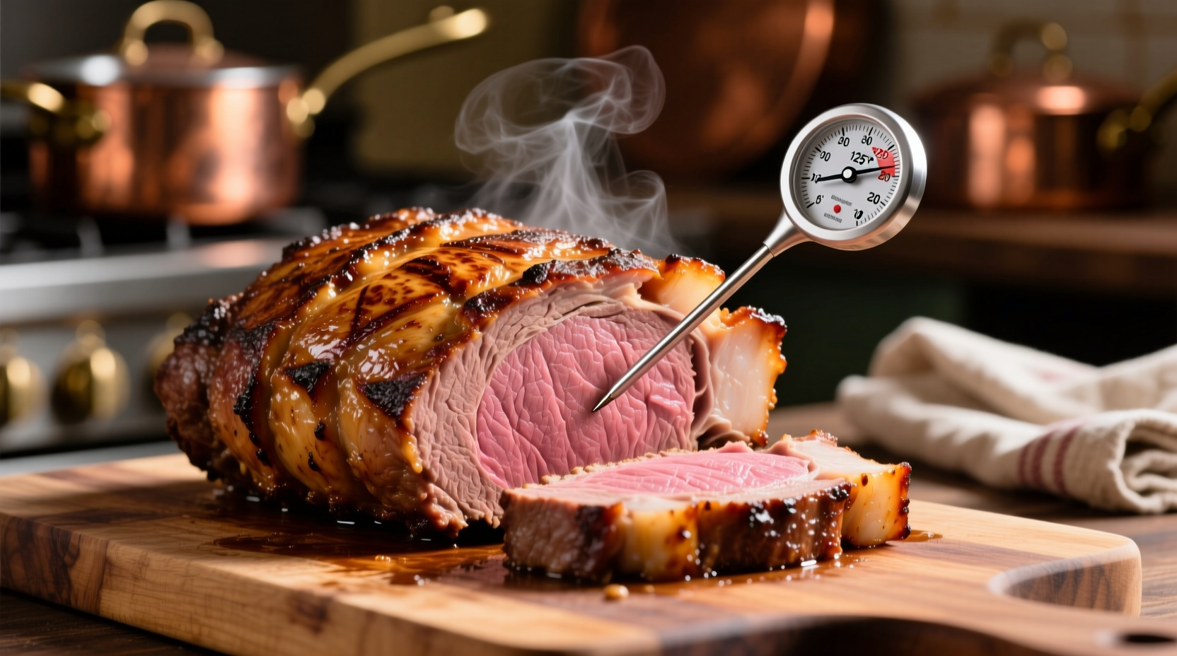 Perfectly cooked prime rib roast with thermometer showing 125 degrees