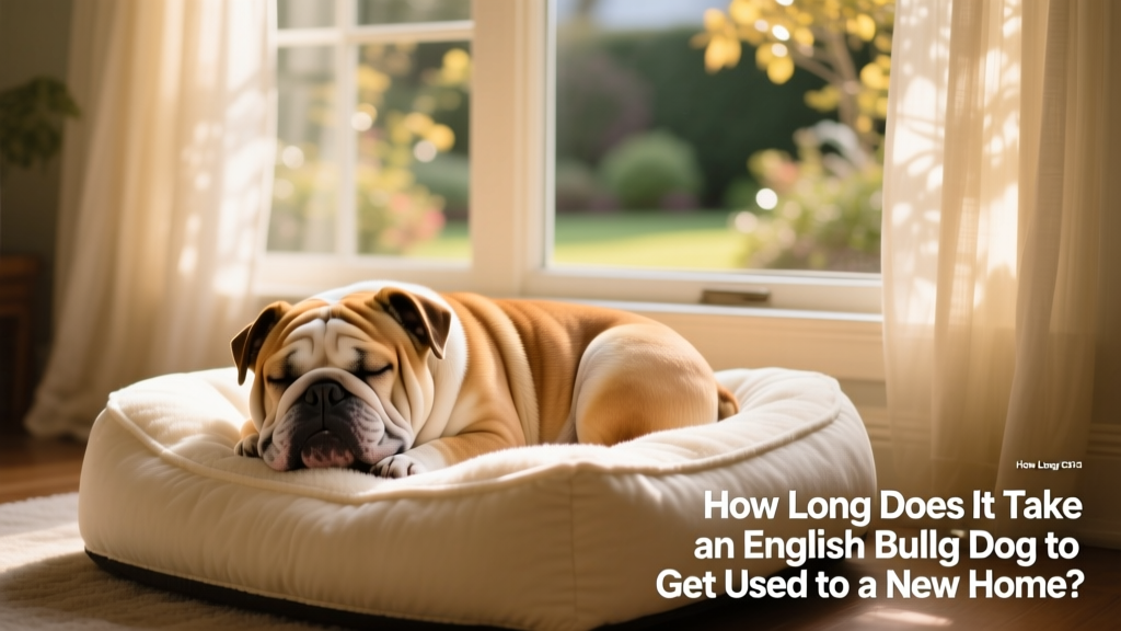 English Bulldog sleeping soundly on a plush dog bed beside a window with soft natural light