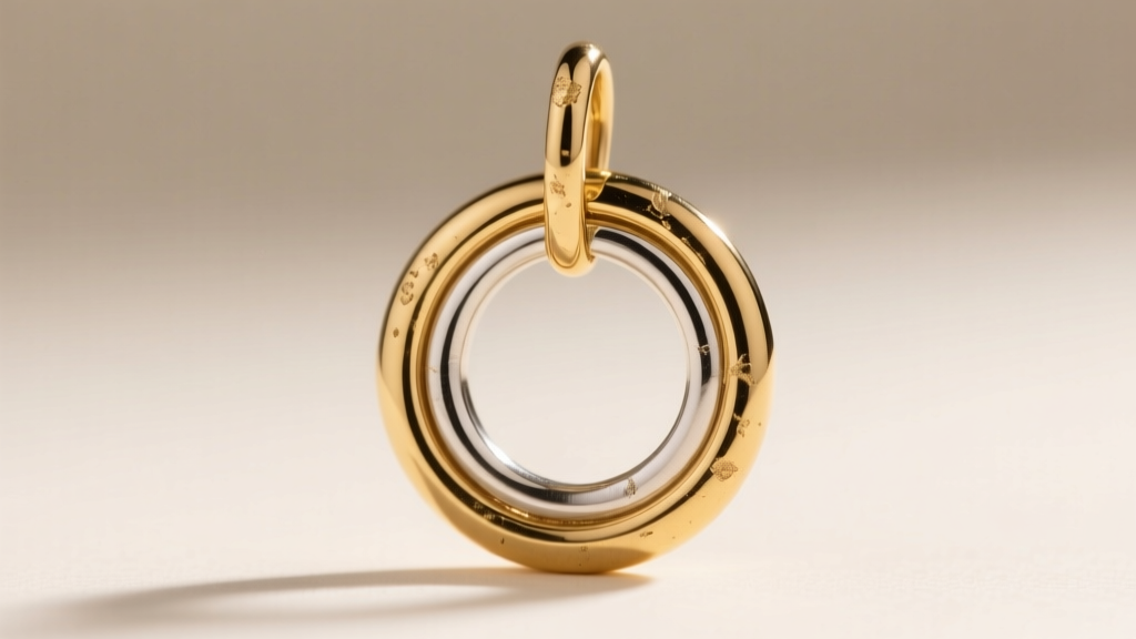 Macro view of a gold vermeil interlocking circle pendant showing wear on the jump ring, revealing the sterling silver base metal.