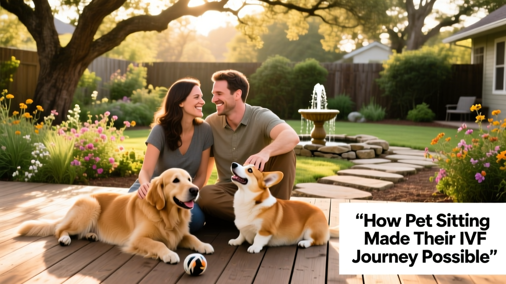 Diana and Paul smiling with their two dogs in their Austin backyard